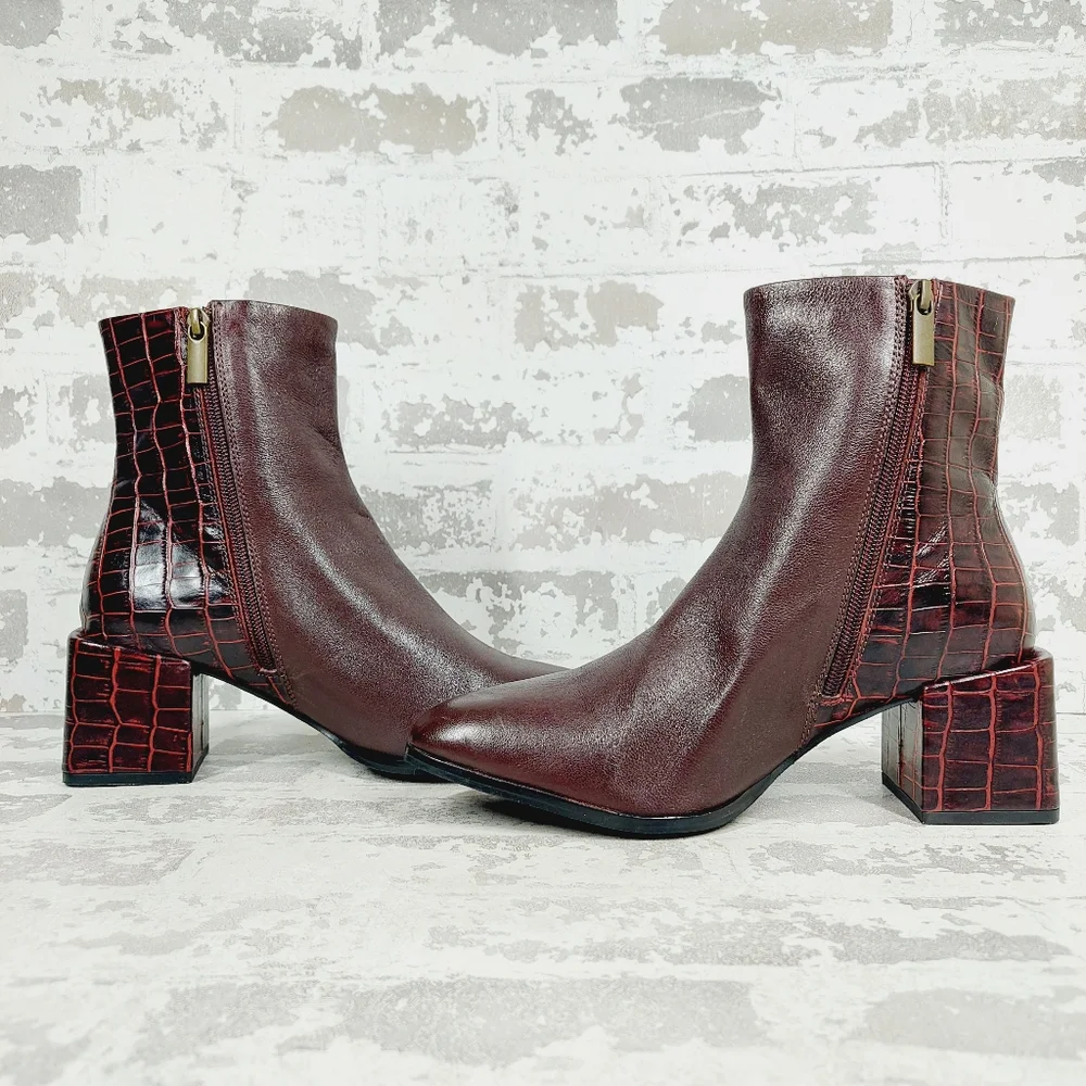 Seychelles Burgundy Croc-Textured Block Heel Ankle Boots